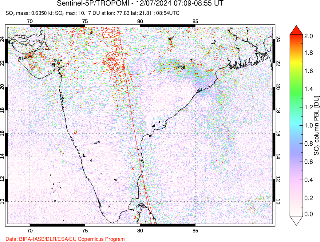 A sulfur dioxide image over India on Dec 07, 2024.