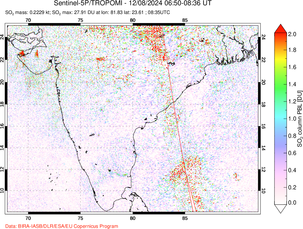 A sulfur dioxide image over India on Dec 08, 2024.