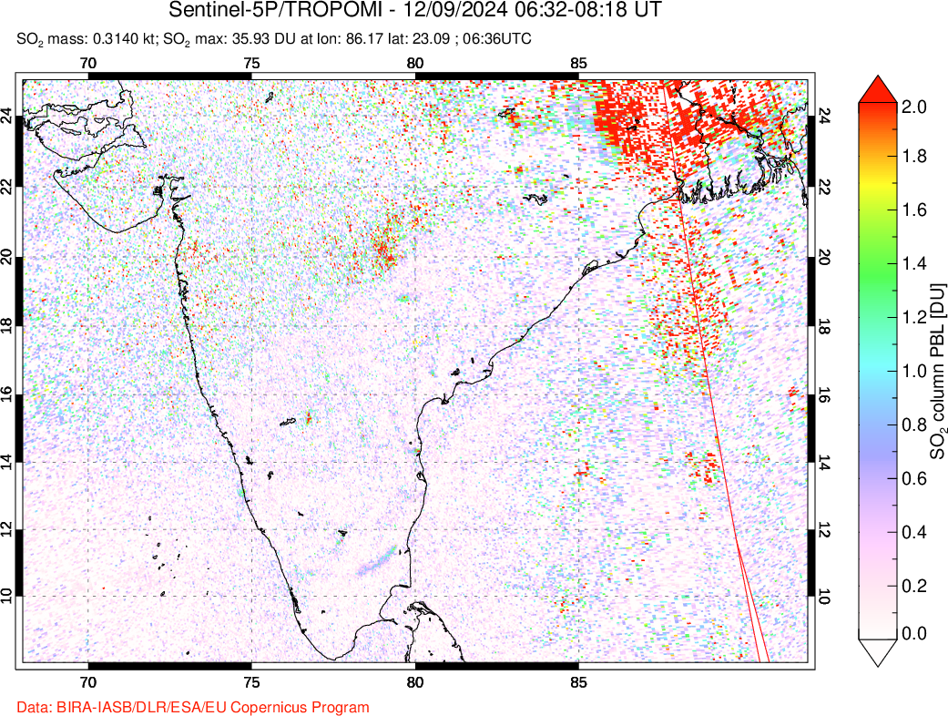 A sulfur dioxide image over India on Dec 09, 2024.