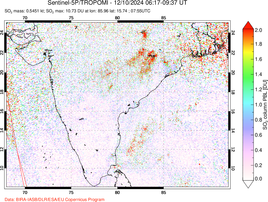 A sulfur dioxide image over India on Dec 10, 2024.