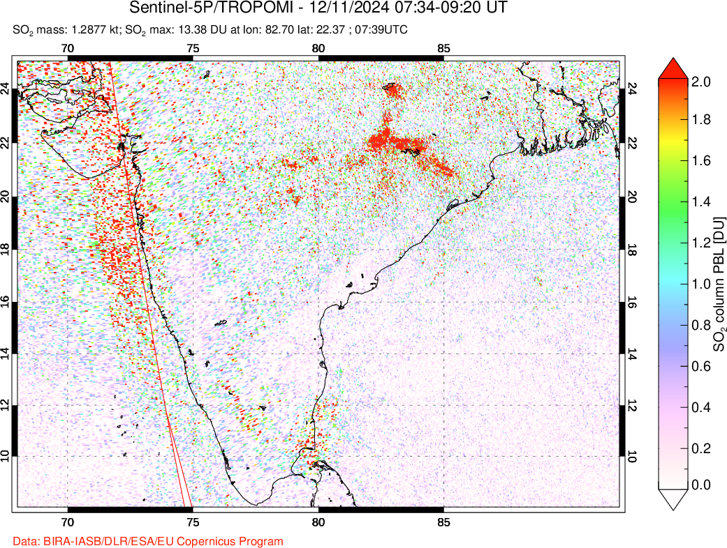 A sulfur dioxide image over India on Dec 11, 2024.