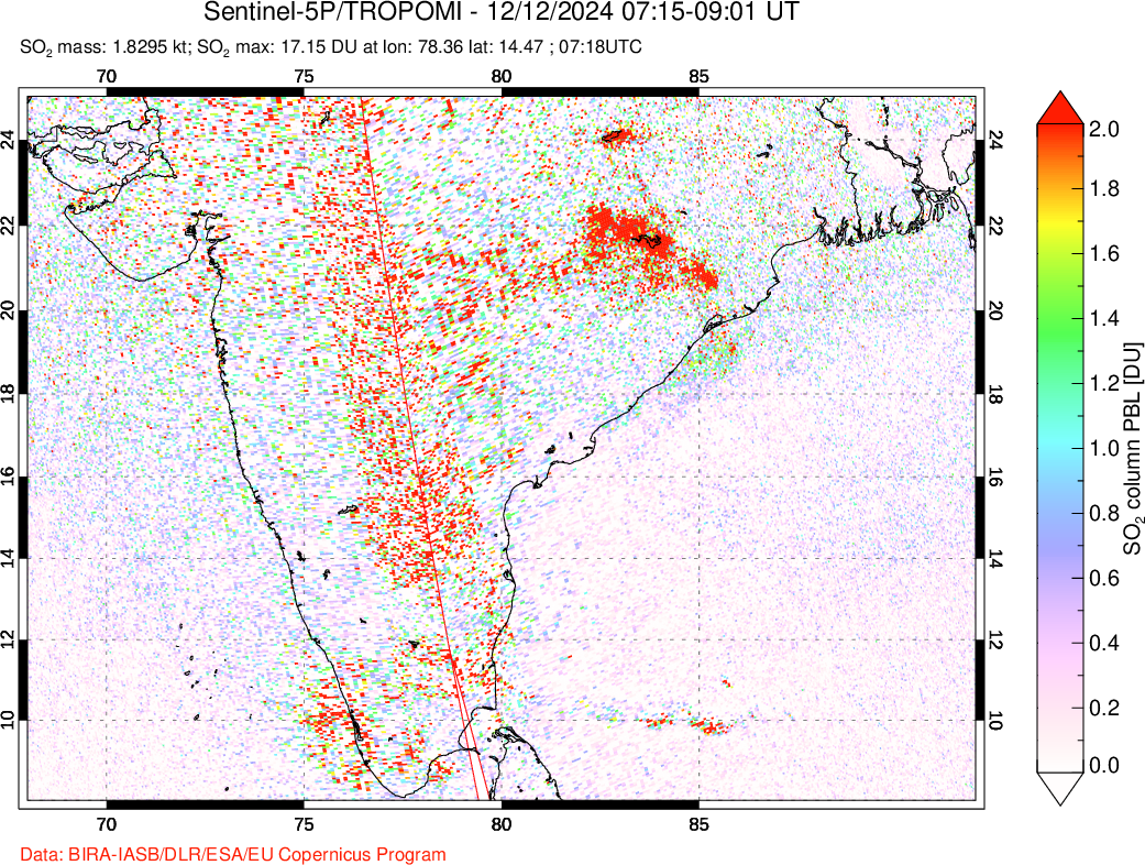 A sulfur dioxide image over India on Dec 12, 2024.