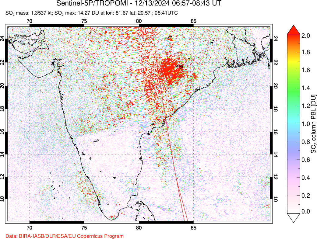 A sulfur dioxide image over India on Dec 13, 2024.