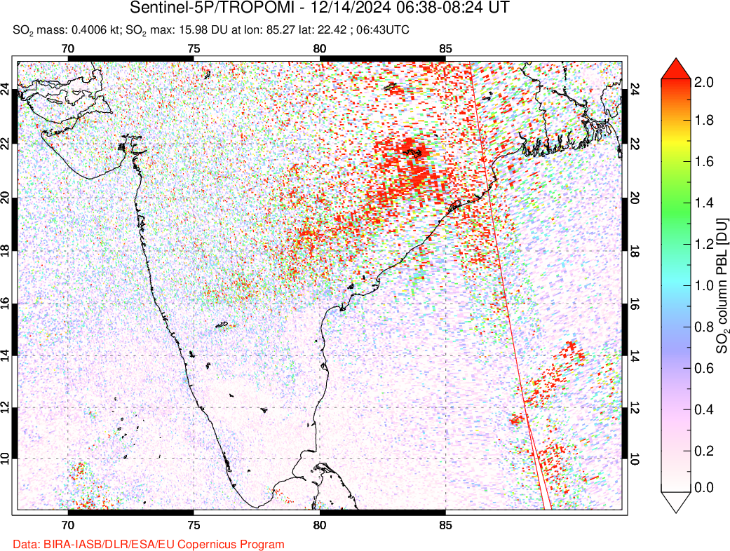 A sulfur dioxide image over India on Dec 14, 2024.