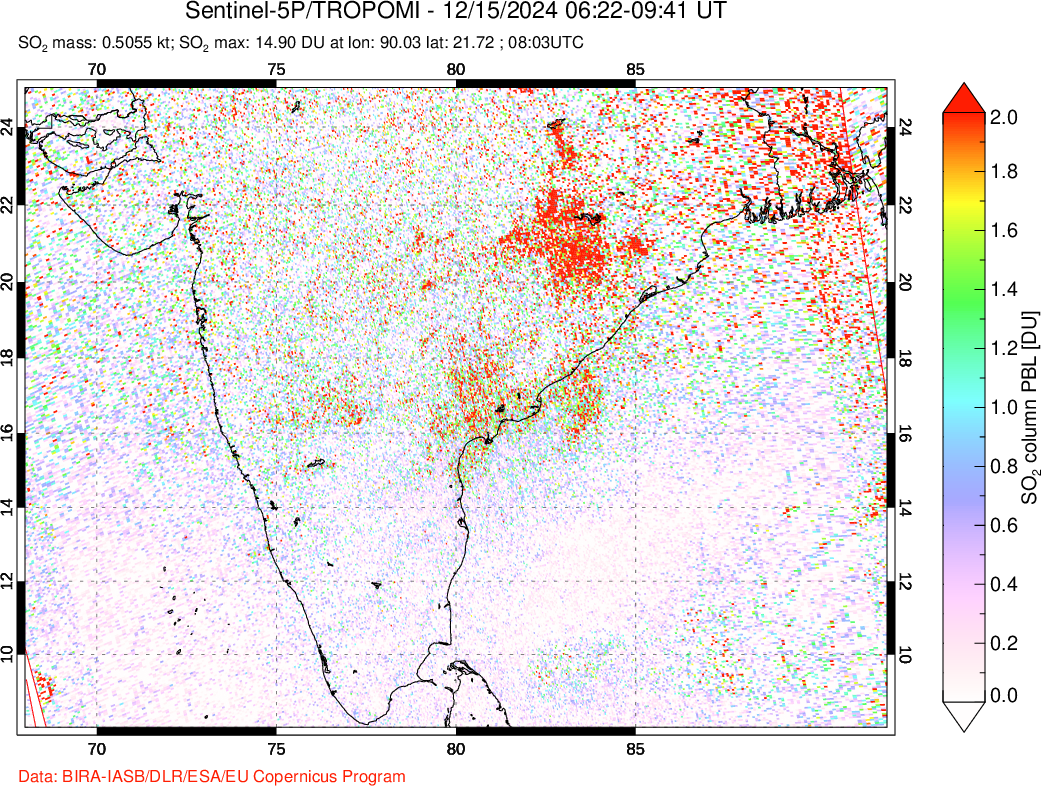 A sulfur dioxide image over India on Dec 15, 2024.