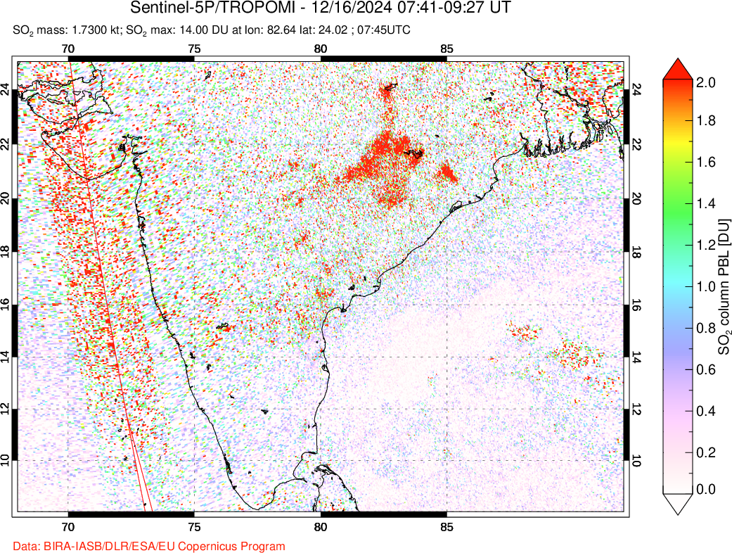 A sulfur dioxide image over India on Dec 16, 2024.