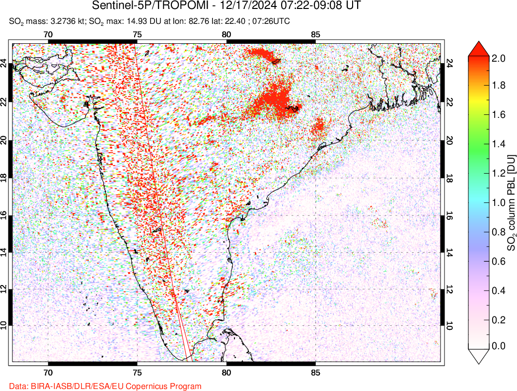 A sulfur dioxide image over India on Dec 17, 2024.