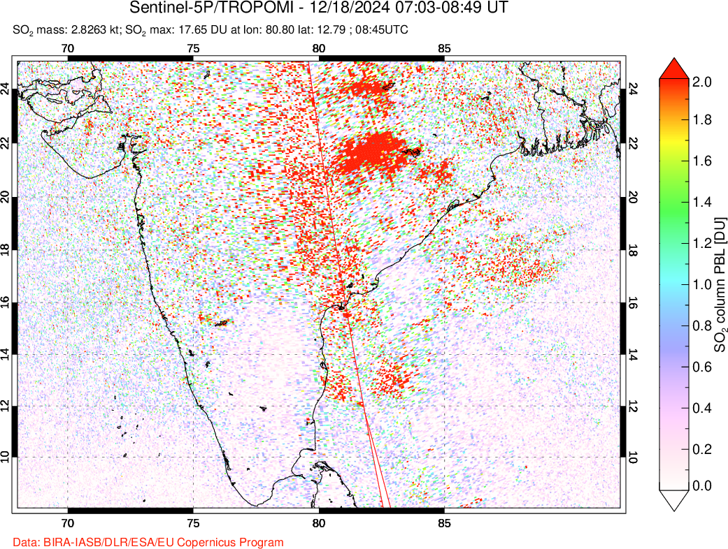 A sulfur dioxide image over India on Dec 18, 2024.