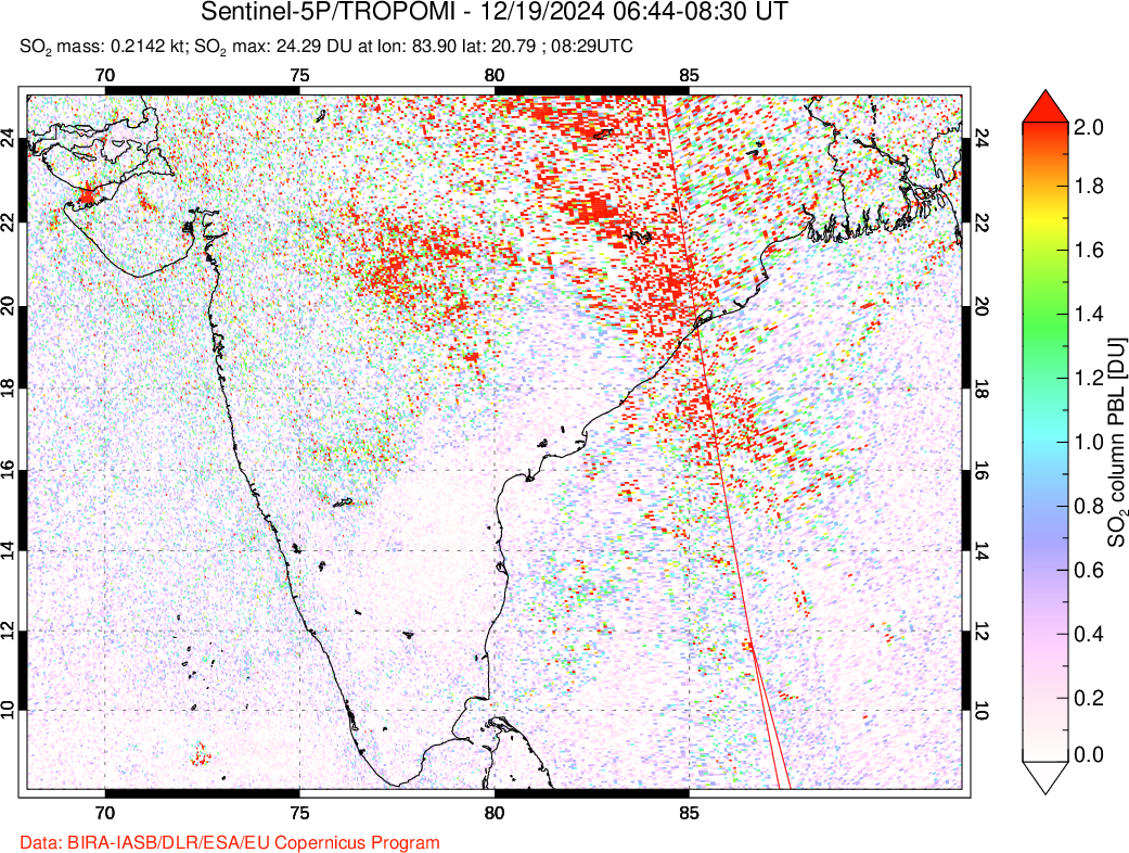 A sulfur dioxide image over India on Dec 19, 2024.