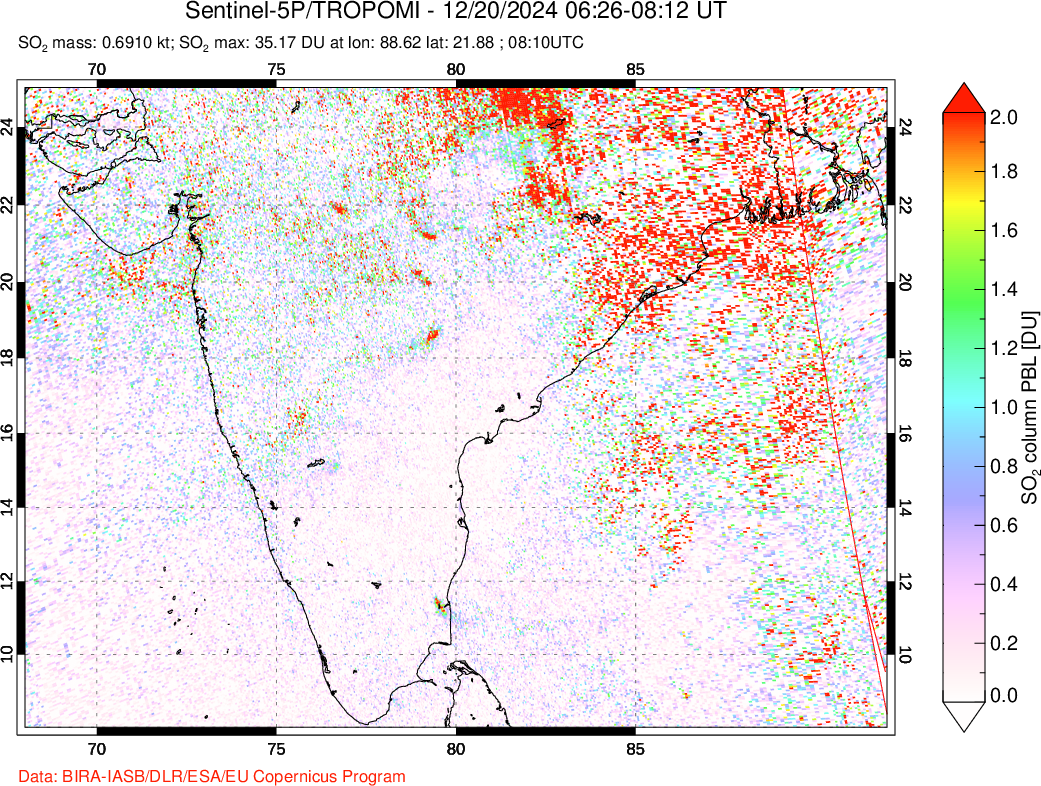 A sulfur dioxide image over India on Dec 20, 2024.