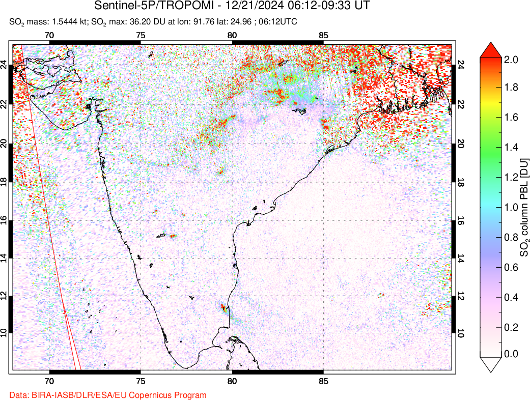 A sulfur dioxide image over India on Dec 21, 2024.