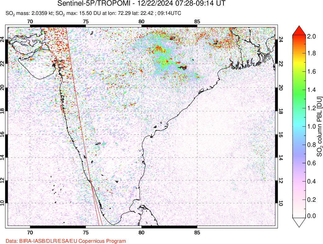 A sulfur dioxide image over India on Dec 22, 2024.