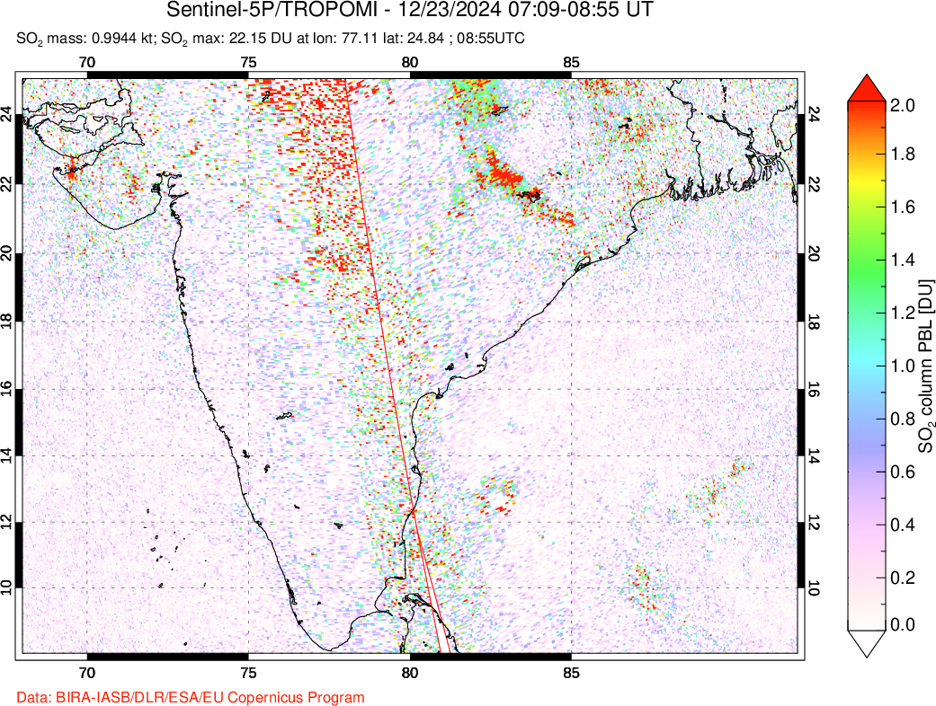 A sulfur dioxide image over India on Dec 23, 2024.