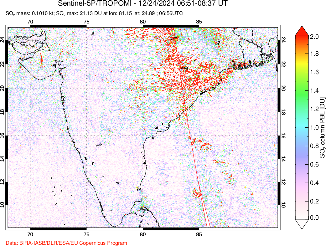 A sulfur dioxide image over India on Dec 24, 2024.