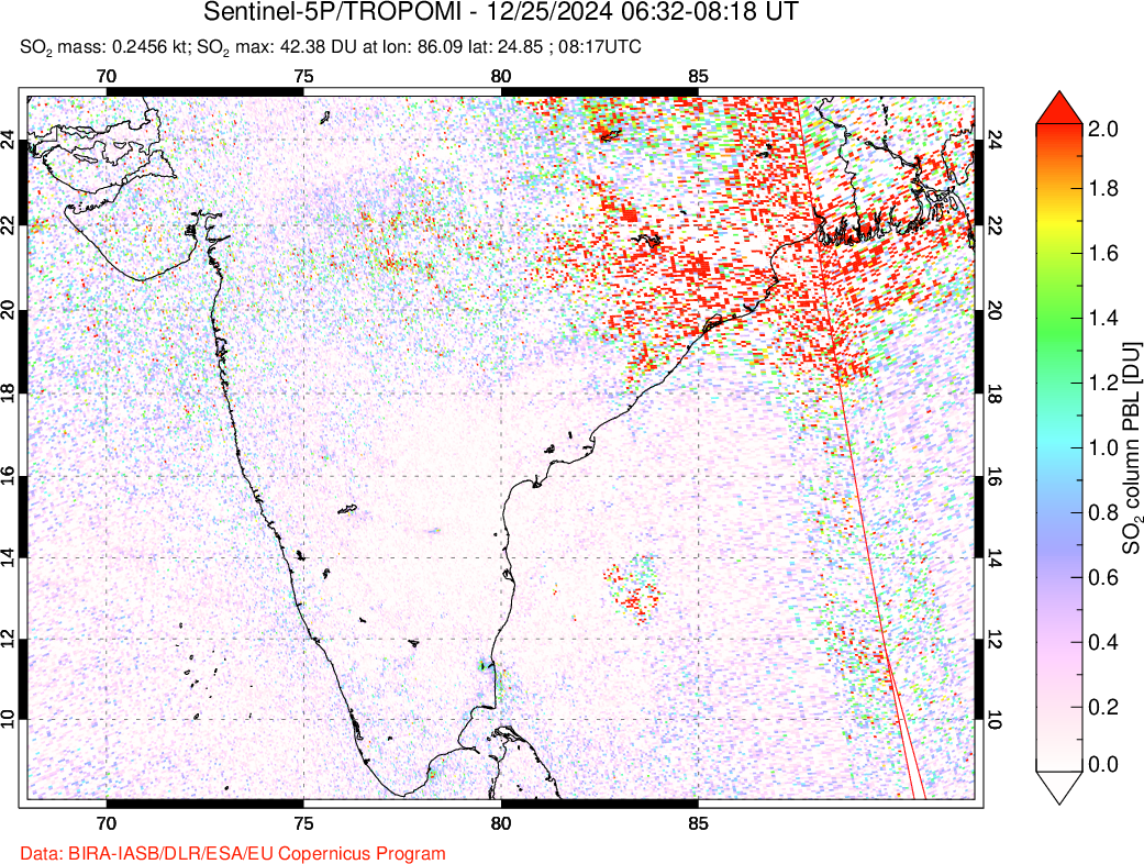 A sulfur dioxide image over India on Dec 25, 2024.