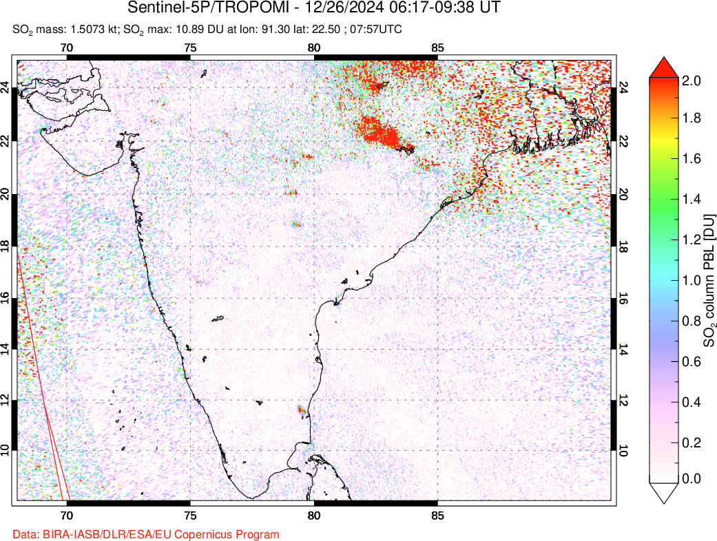 A sulfur dioxide image over India on Dec 26, 2024.