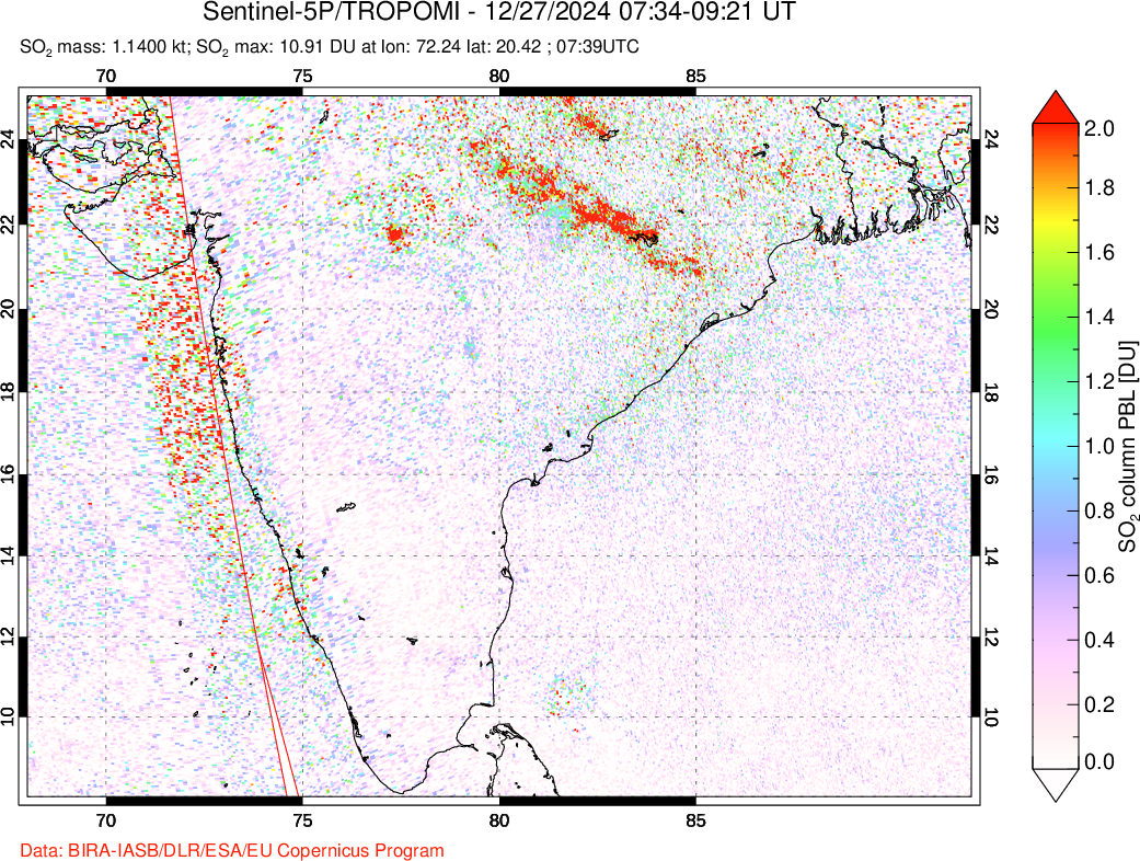 A sulfur dioxide image over India on Dec 27, 2024.