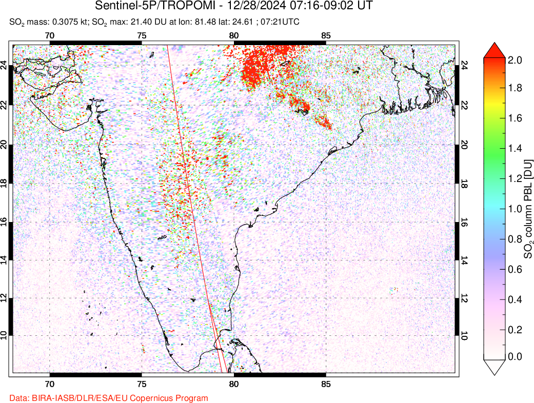 A sulfur dioxide image over India on Dec 28, 2024.