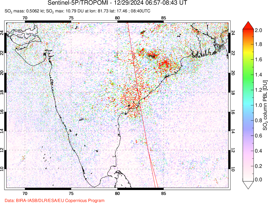 A sulfur dioxide image over India on Dec 29, 2024.