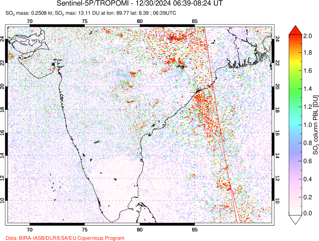 A sulfur dioxide image over India on Dec 30, 2024.