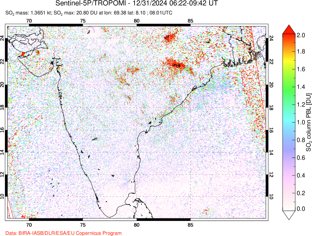 A sulfur dioxide image over India on Dec 31, 2024.