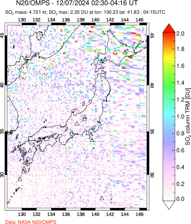 A sulfur dioxide image over Japan on Dec 07, 2024.