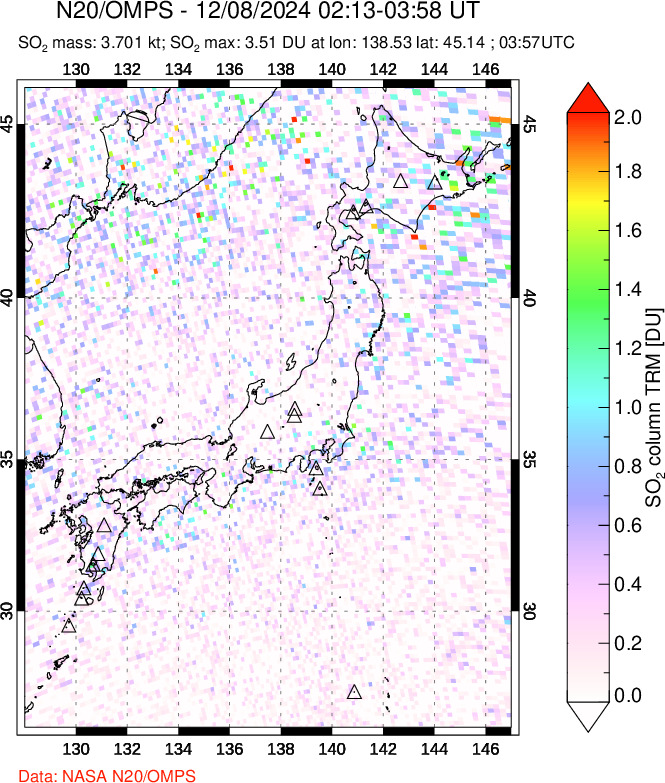 A sulfur dioxide image over Japan on Dec 08, 2024.