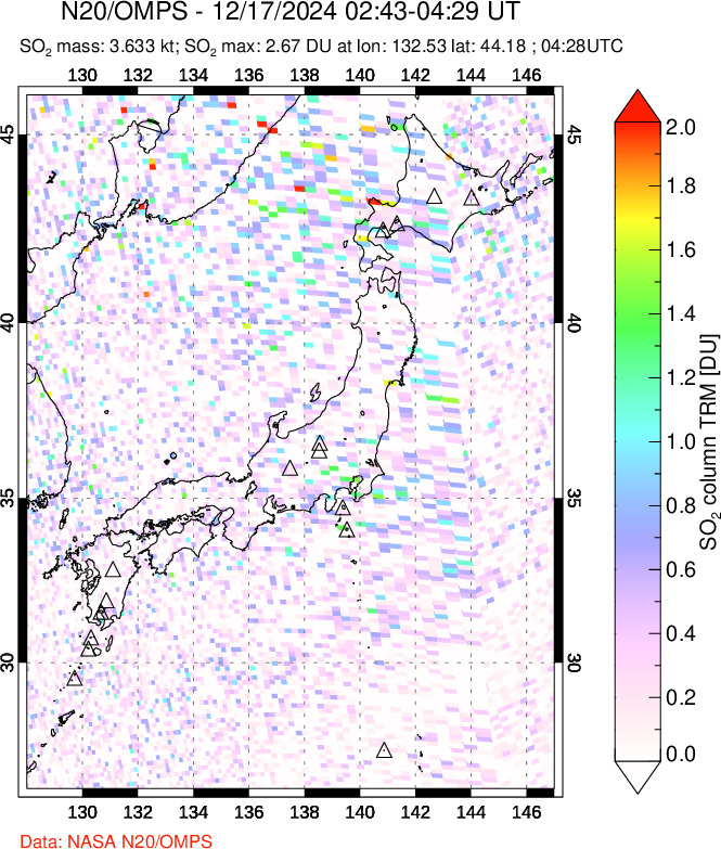 A sulfur dioxide image over Japan on Dec 17, 2024.