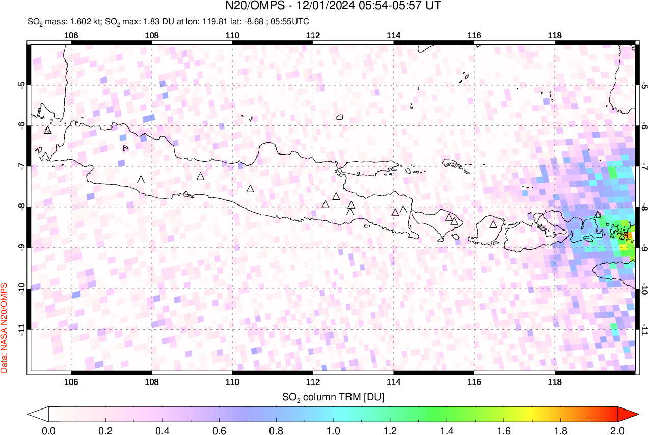 A sulfur dioxide image over Java, Indonesia on Dec 01, 2024.