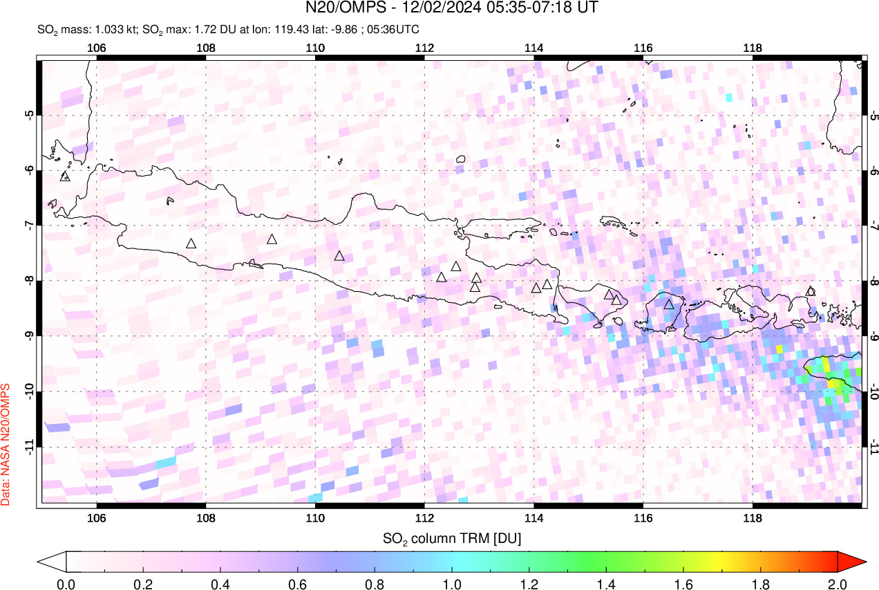 A sulfur dioxide image over Java, Indonesia on Dec 02, 2024.