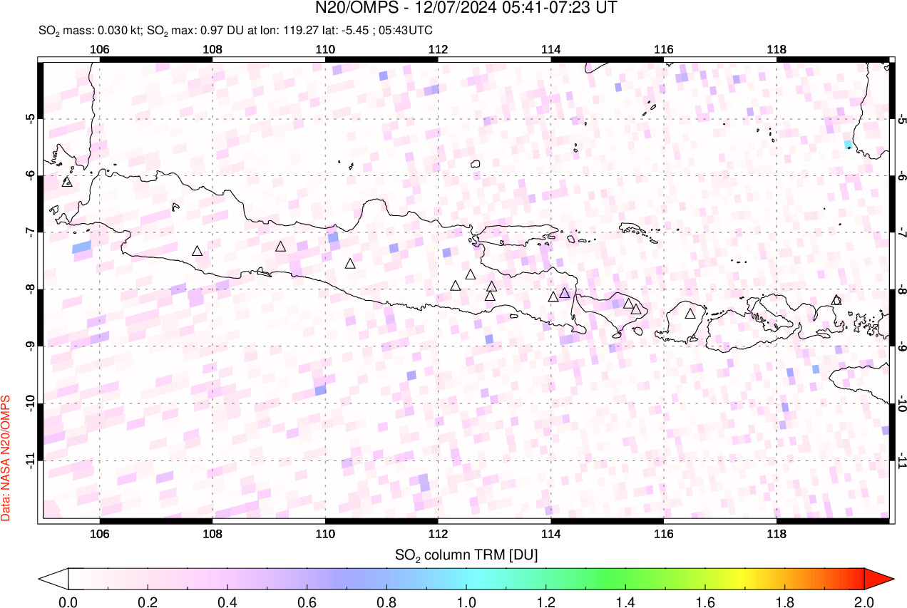 A sulfur dioxide image over Java, Indonesia on Dec 07, 2024.