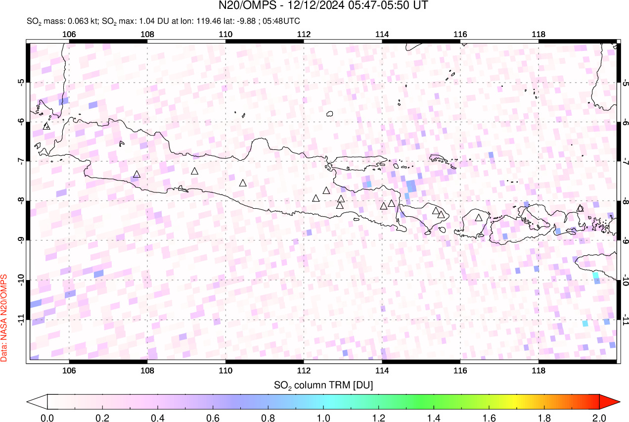 A sulfur dioxide image over Java, Indonesia on Dec 12, 2024.