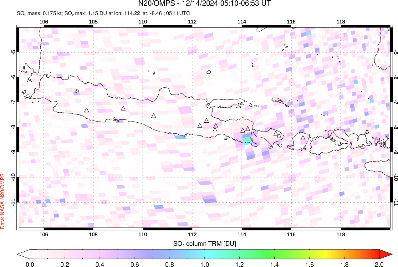 A sulfur dioxide image over Java, Indonesia on Dec 14, 2024.