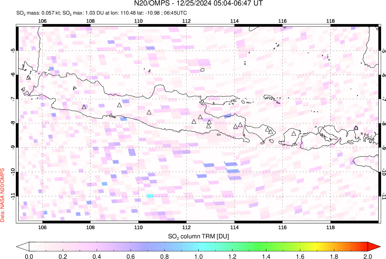 A sulfur dioxide image over Java, Indonesia on Dec 25, 2024.