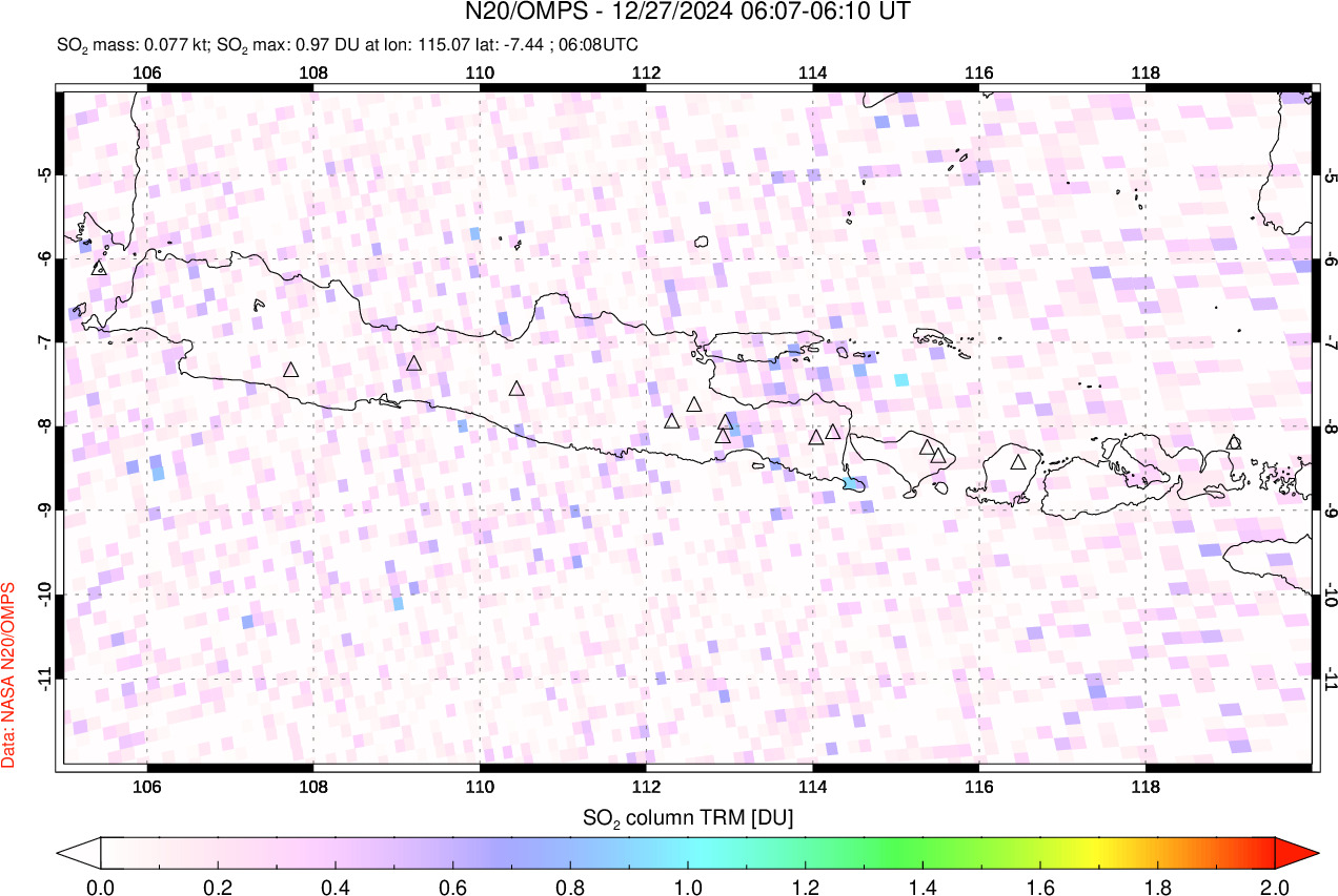 A sulfur dioxide image over Java, Indonesia on Dec 27, 2024.