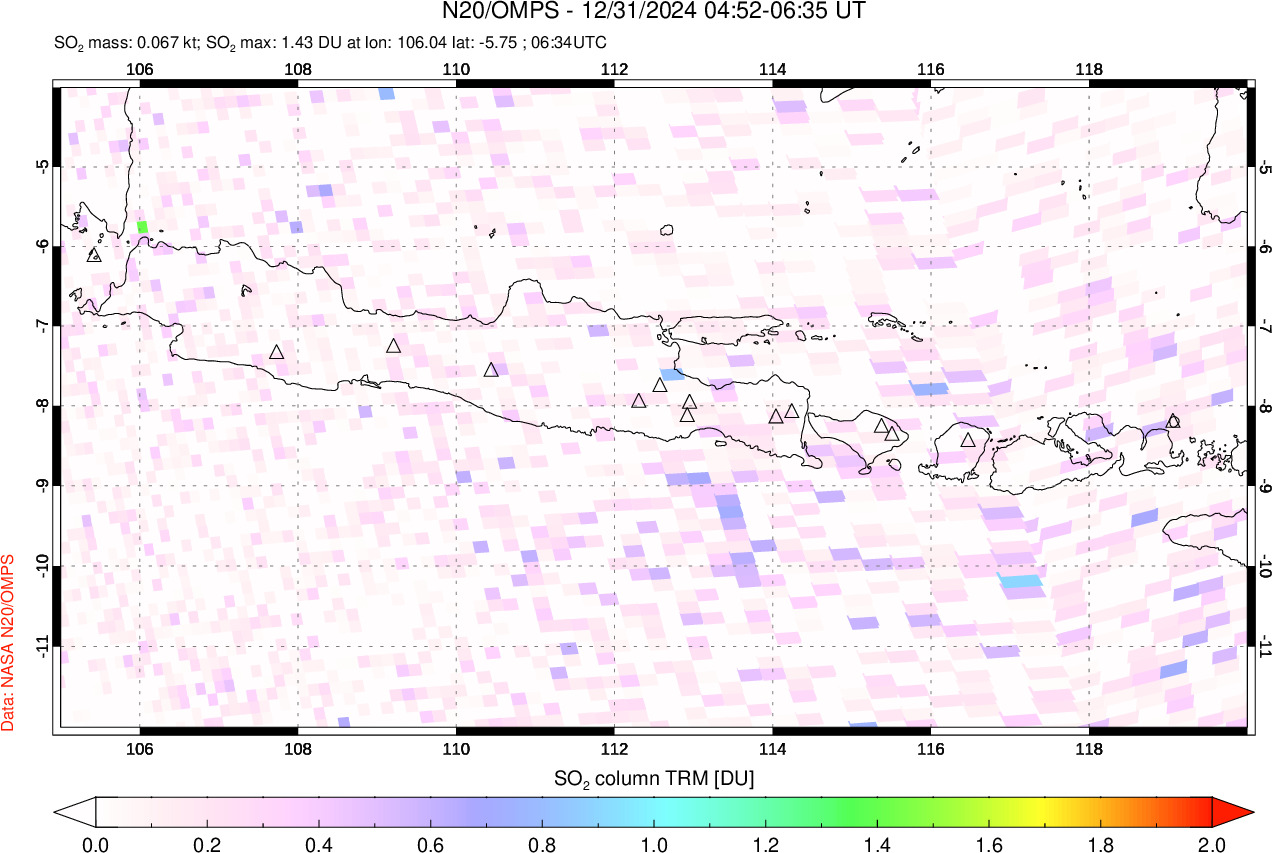 A sulfur dioxide image over Java, Indonesia on Dec 31, 2024.