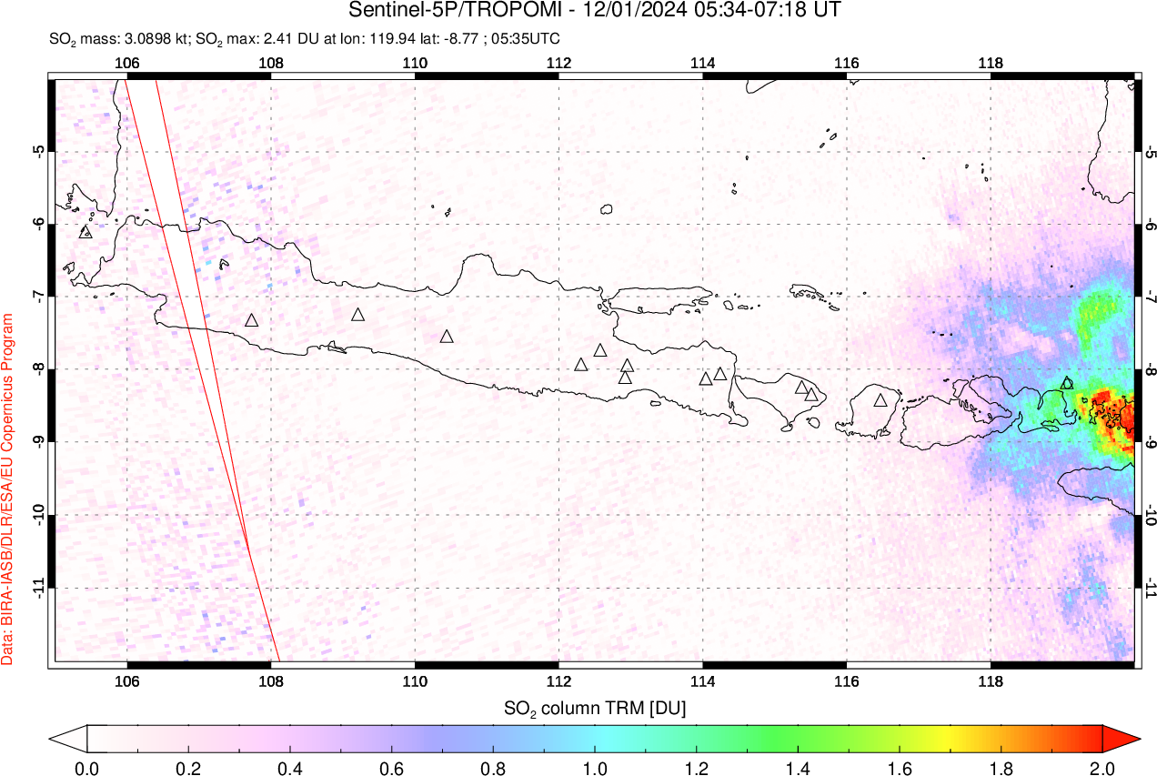 A sulfur dioxide image over Java, Indonesia on Dec 01, 2024.