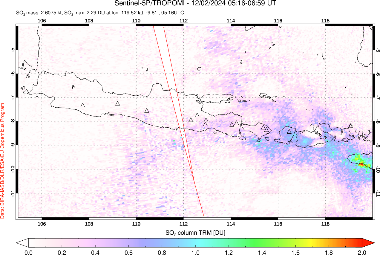 A sulfur dioxide image over Java, Indonesia on Dec 02, 2024.