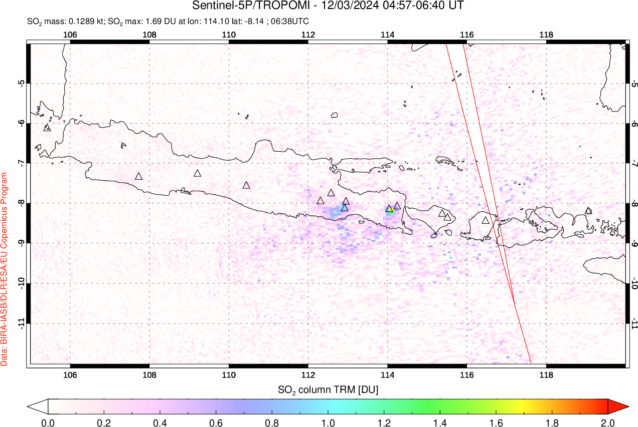 A sulfur dioxide image over Java, Indonesia on Dec 03, 2024.