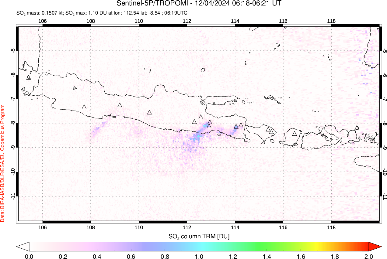 A sulfur dioxide image over Java, Indonesia on Dec 04, 2024.