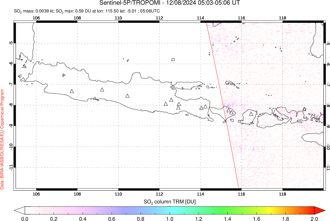 A sulfur dioxide image over Java, Indonesia on Dec 08, 2024.