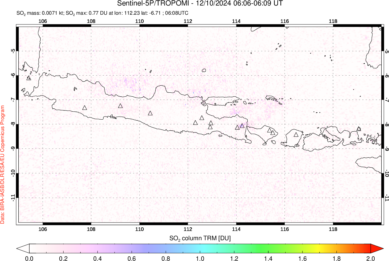 A sulfur dioxide image over Java, Indonesia on Dec 10, 2024.