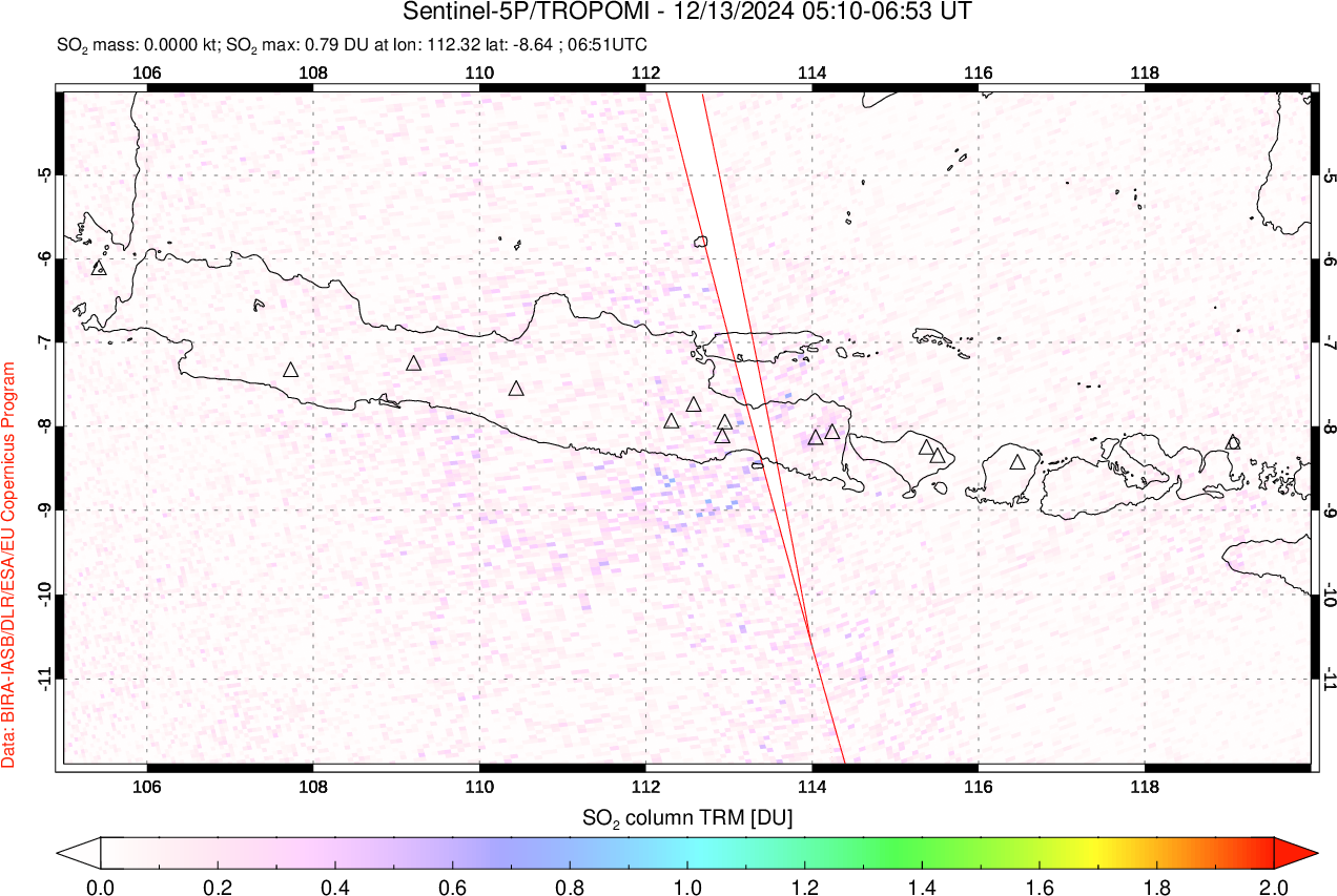 A sulfur dioxide image over Java, Indonesia on Dec 13, 2024.