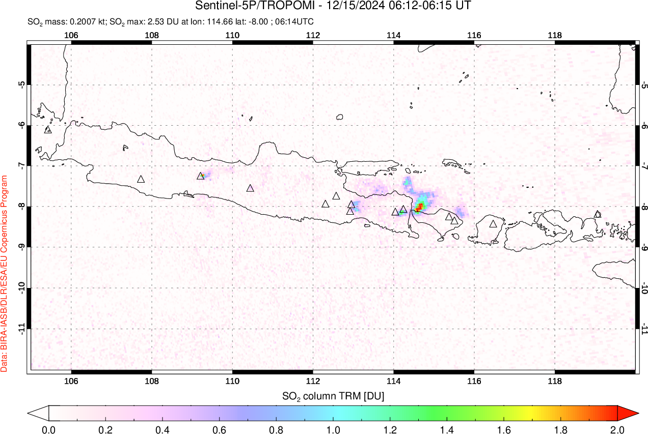 A sulfur dioxide image over Java, Indonesia on Dec 15, 2024.