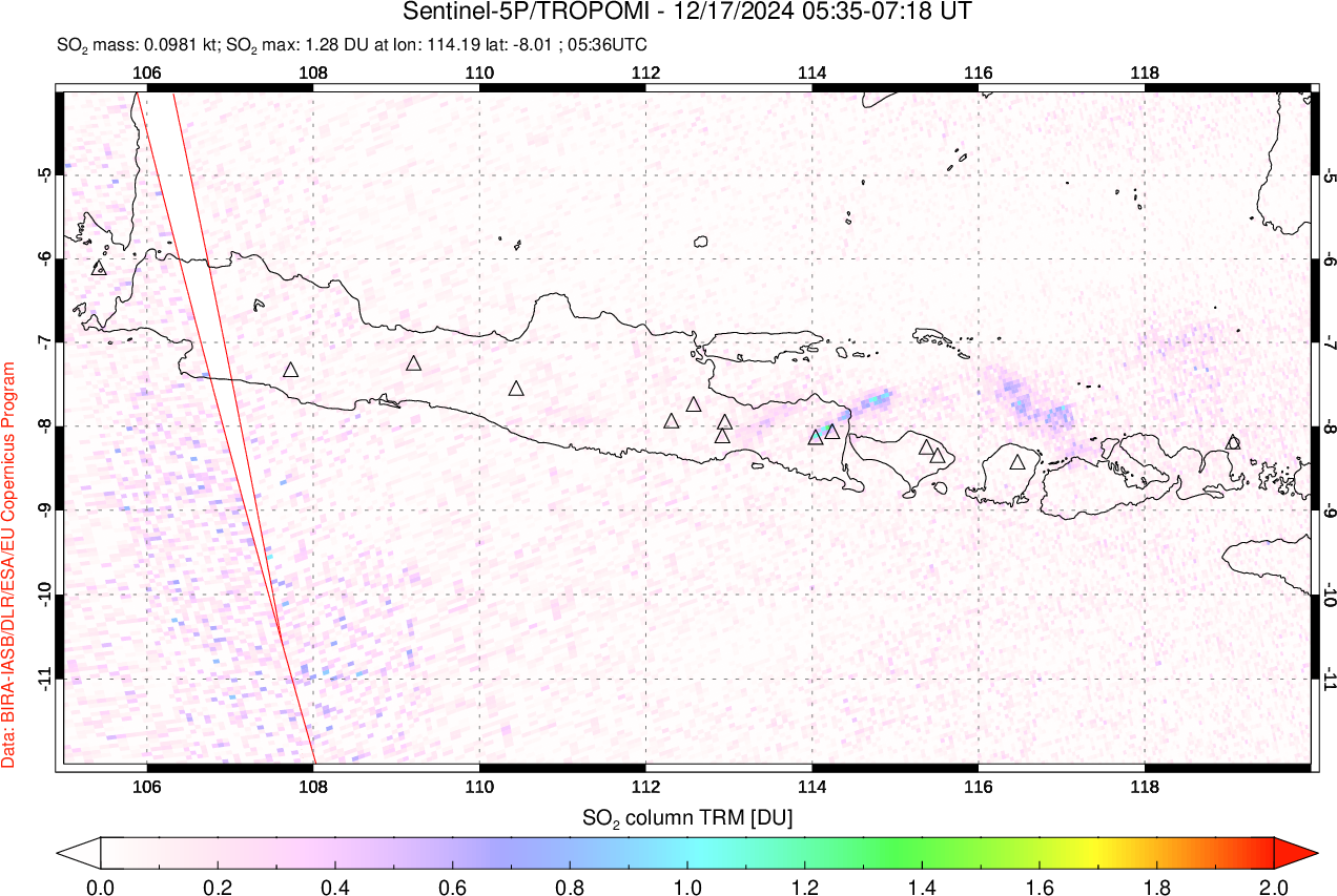 A sulfur dioxide image over Java, Indonesia on Dec 17, 2024.