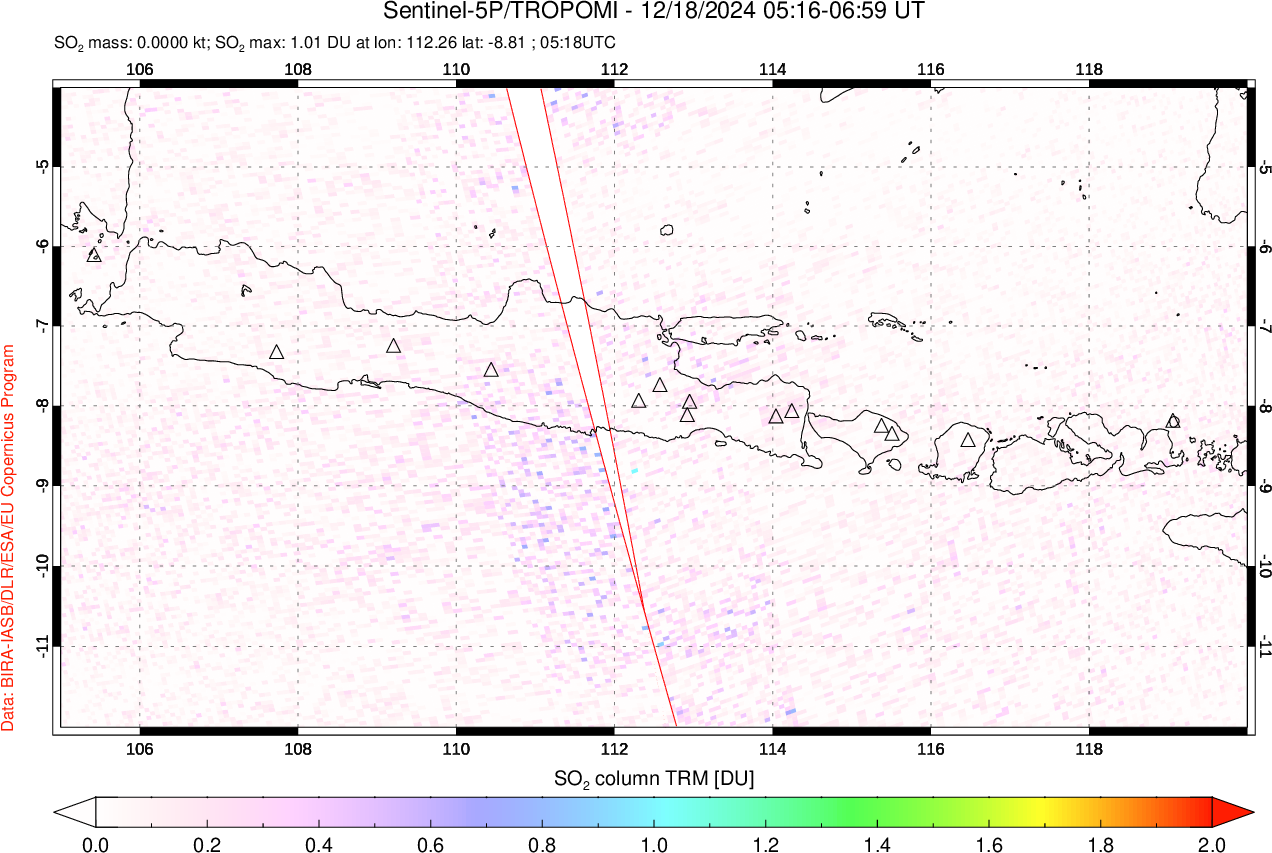 A sulfur dioxide image over Java, Indonesia on Dec 18, 2024.