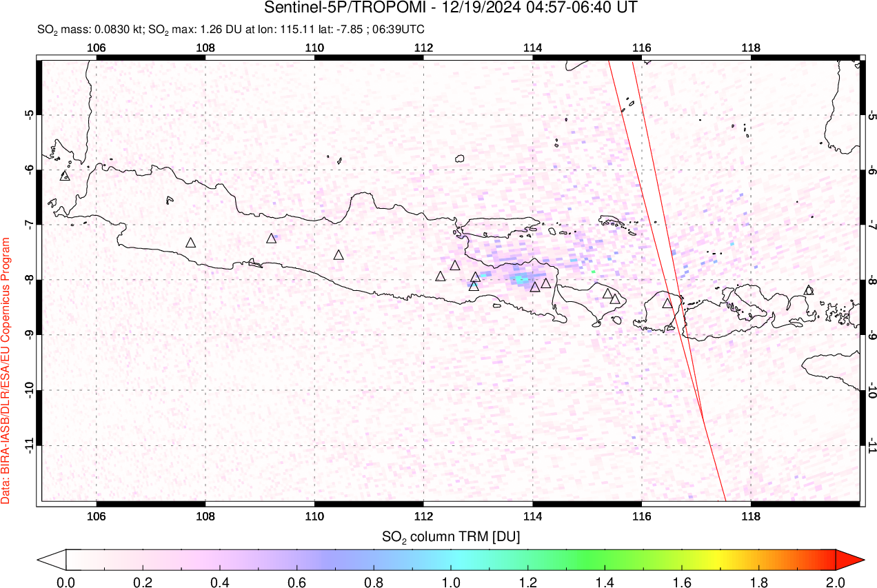 A sulfur dioxide image over Java, Indonesia on Dec 19, 2024.