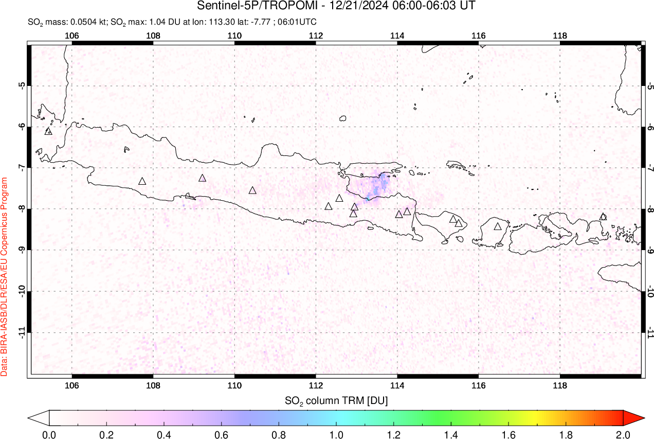 A sulfur dioxide image over Java, Indonesia on Dec 21, 2024.