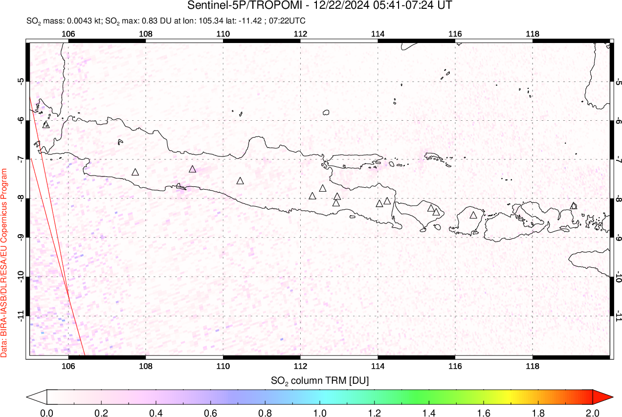 A sulfur dioxide image over Java, Indonesia on Dec 22, 2024.