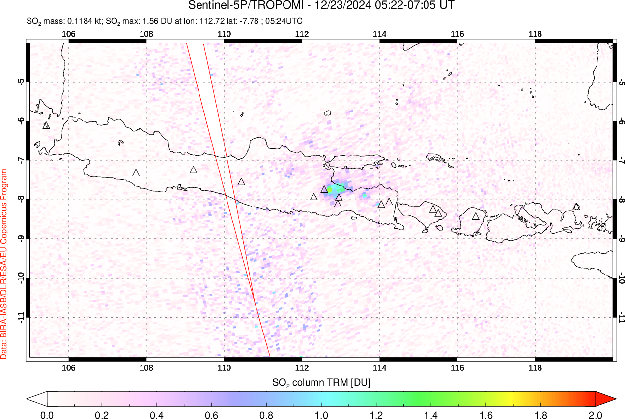 A sulfur dioxide image over Java, Indonesia on Dec 23, 2024.